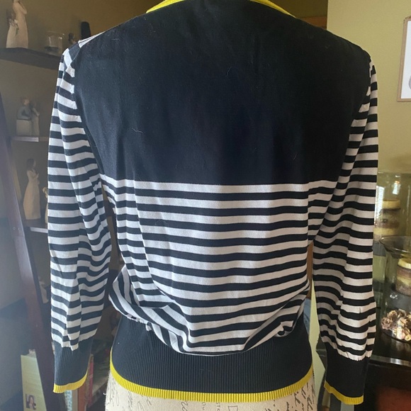 EUC Elliott Lauren 3/4 sleeve button cardigan- Black/white stripe w/yellow trim - Picture 5 of 7